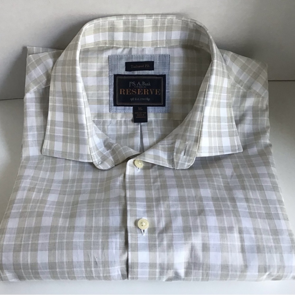 Jos. A. Bank Reserve Men’s Cotton Short Sleeve Dress Shirt Plaid Gray/Tan XL